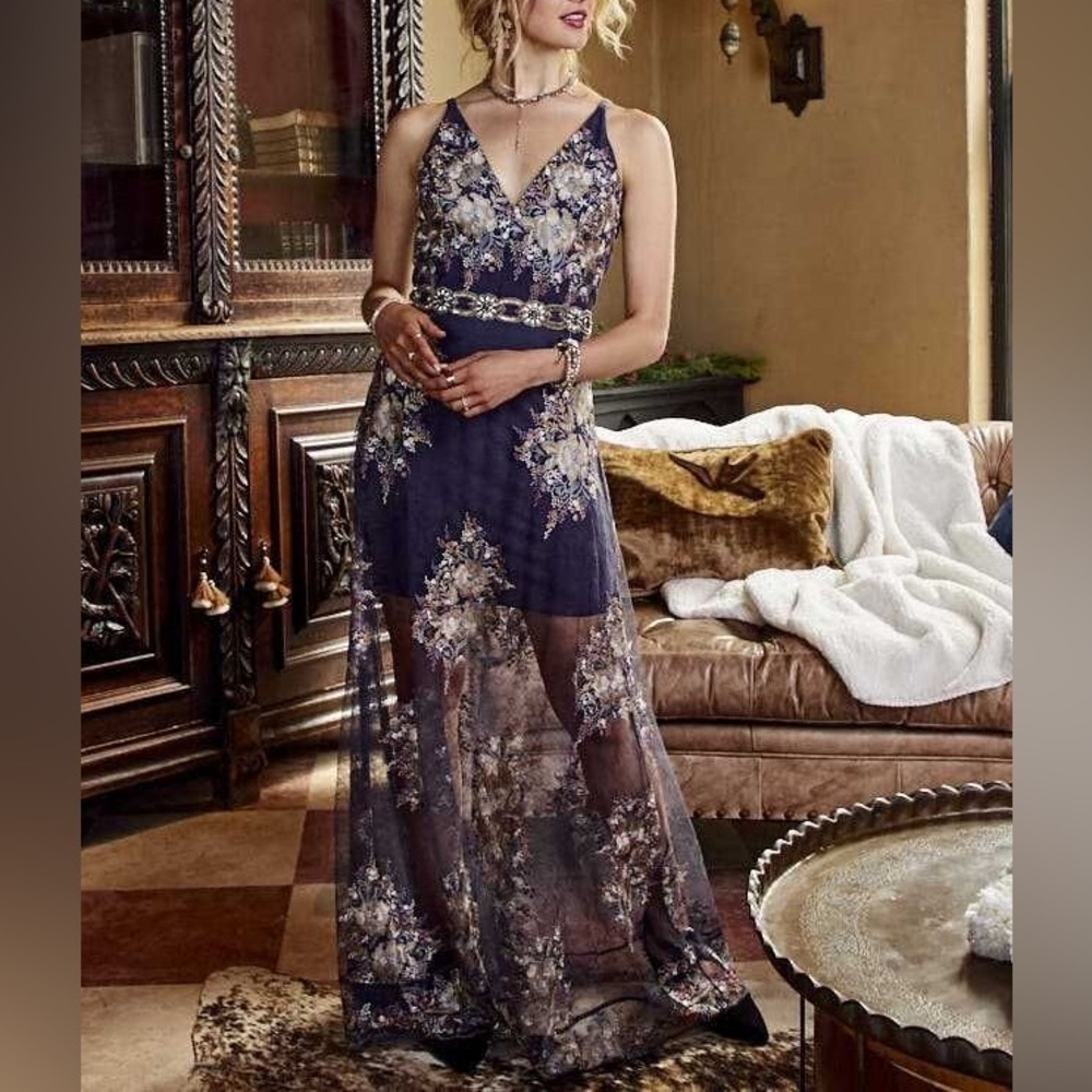 Altar’d State Stretchy Slip Embroidered Flower Gray Mesh Angelique Maxi Dress M - Picture 16 of 16